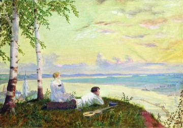 風景 Painting - ヴォルガ川沿い 1922 ボリス・ミハイロヴィチ・クストーディエフの川の風景